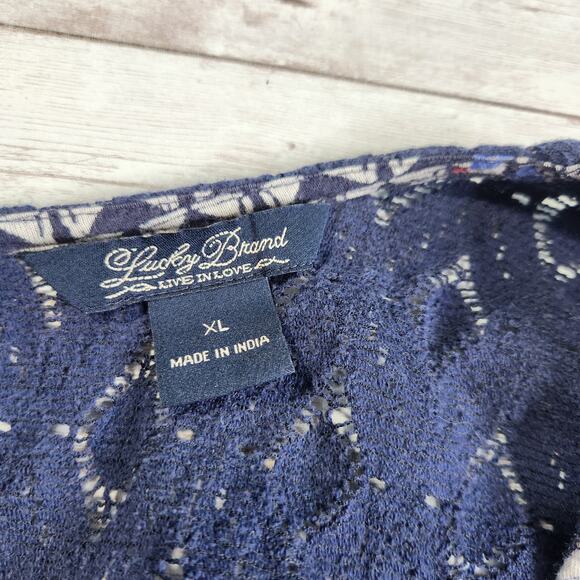 Lucky Brand Blue Paisley Crochet Lace Button Down Back Blouse Size XL - Picture 4 of 10